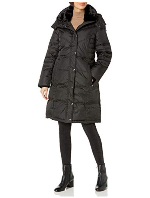 London Fog Women's Chevron Coat with Faux-Fur Trim
