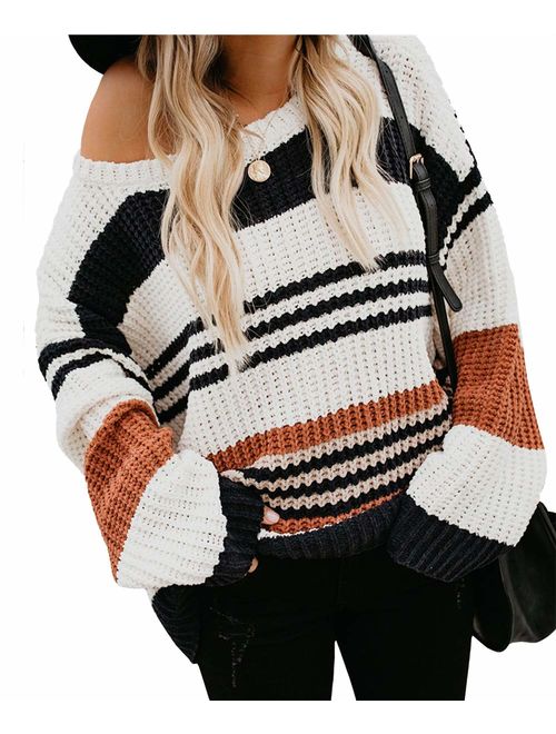 KIRUNDO Women's Strip Color Block Short Sweater Long Sleeves Stitching Color Round Neck Loose Pullovers Jumper Tops