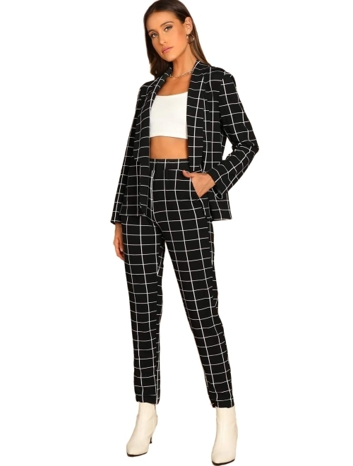 SheIn Women's Two Piece Plaid Open Front Long Sleeve Blazer and Elastic Waist Pant Set Suit