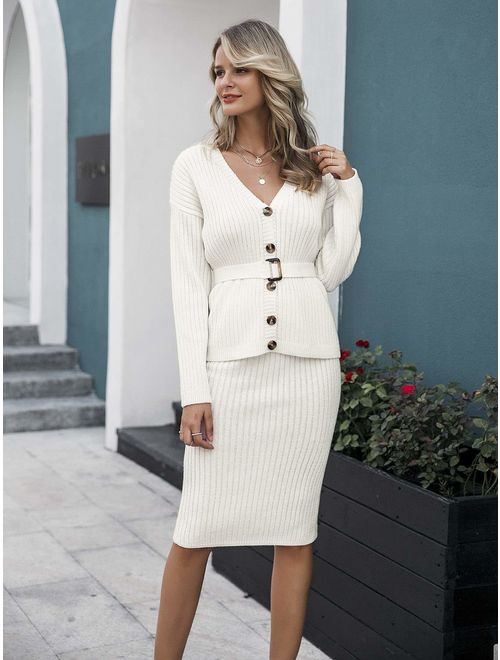 Simplee Women's Off Shoulder Button Down Bodycon 2 Piece Knit Midi Dress with Belt
