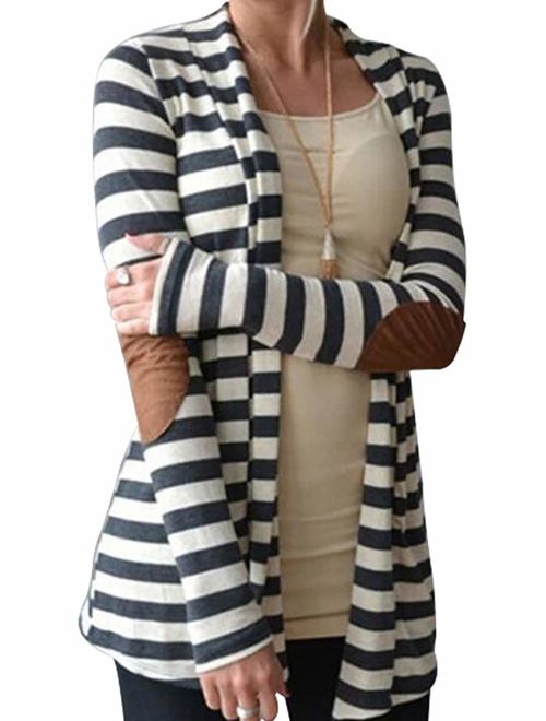 Aifer WomensCardigan Striped Knitwear Shawl Collar Long Sleeve Outwear Elbow Patch Open Front Sweater top