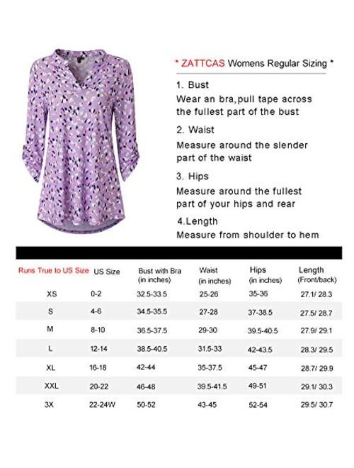 Zattcas Womens Floral Printed Tunic Shirts 3/4 Roll Sleeve Notch Neck Tunic Top