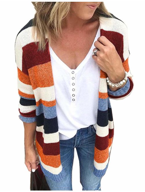 Womens Color Block Striped Cardigan Long Sleeve Open Front Knit Sweater Cardigan with Pockets