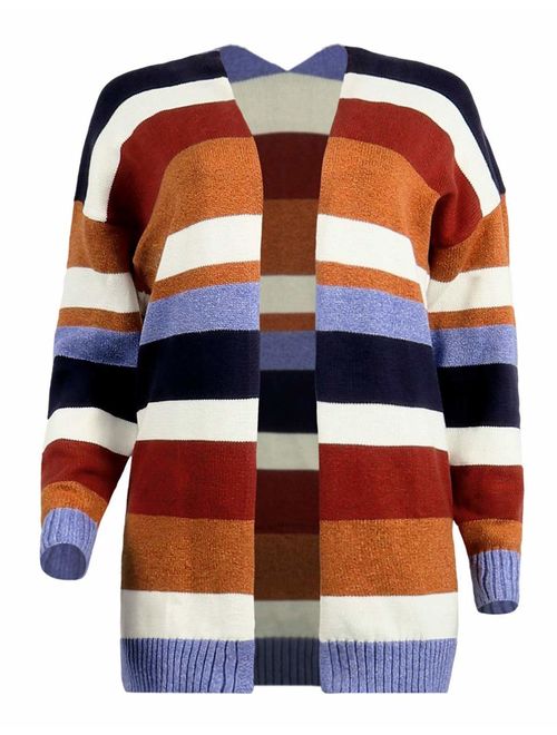 Womens Color Block Striped Cardigan Long Sleeve Open Front Knit Sweater Cardigan with Pockets