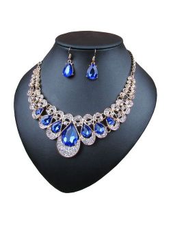 Crystal Glass Water Droplets Large Stones Necklace and Stud Earrings Set for Women
