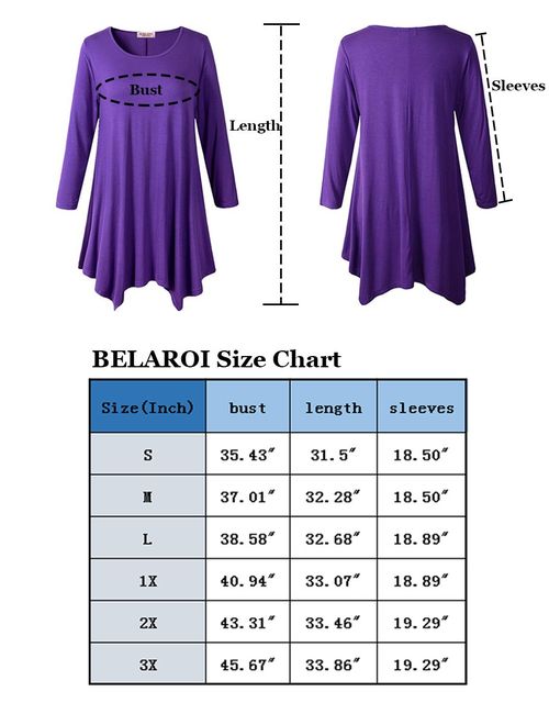 BELAROI Women 3/4 Sleeve Swing Tunic Tops Plus Size T Shirt