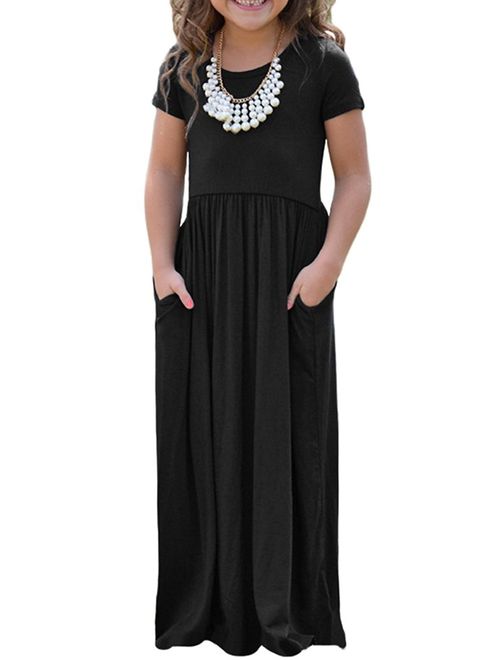 KIDVOVOU Girls Short Sleeve Stripe Dress Summer Long Maxi Dress with Pocket