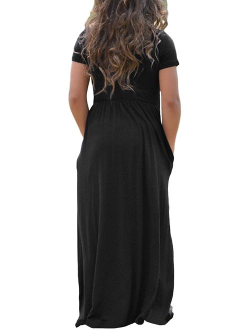 KIDVOVOU Girls Short Sleeve Stripe Dress Summer Long Maxi Dress with Pocket