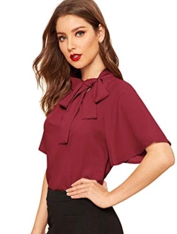 Women's Casual Side Bow Tie Neck Short Sleeve Blouse Shirt Top