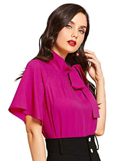 SheIn Women's Casual Side Bow Tie Neck Short Sleeve Blouse Shirt Top