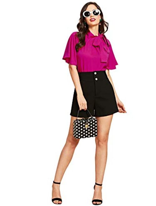 SheIn Women's Casual Side Bow Tie Neck Short Sleeve Blouse Shirt Top