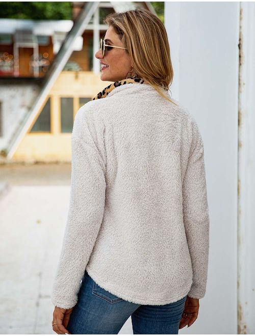 KIRUNDO Women's Fashion High Collar Long Sleeves Sweaters Plaid Print Fleece Button Down Short Sweatshirts with Pockets