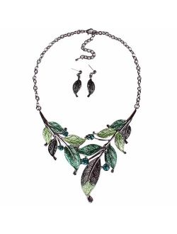 Qiyun (TM) Elegant Women's Green Leaf Festoon Rhinestone Bib Necklace Stud Earrings Set