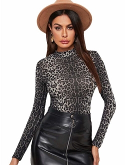 Women's Leopard Print Long Sleeve Turtleneck T-Shirt Basic Blouse Tee Top