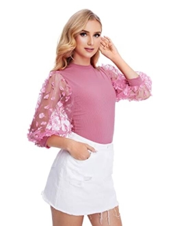 Women's Summer Short Sleeve Mock Neck Casual Blouse Tops