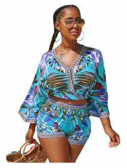 korssyee 2 Piece Outfits for Women Summer Two Piece Crop Top Shorts Set Boho Floral Print Romper Jumpsuit