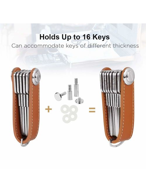 Bosiwee Smart Key Organizer, Compact Key Holder Leather Keychain, Folding Pocket Key Holder Chain (up to 16 Keys)