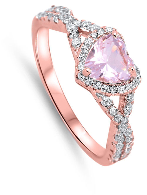CHOOSE YOUR COLOR Pink CZ Rose Gold-Tone Heart Ring .925 Sterling Silver Vintage Band