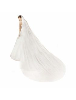 Bridal Wedding Veil 2T Trailing Long Cut Edge with Comb White Ivory Off-white