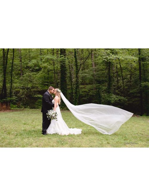 Bridal Wedding Veil 2T Trailing Long Cut Edge with Comb White Ivory Off-white