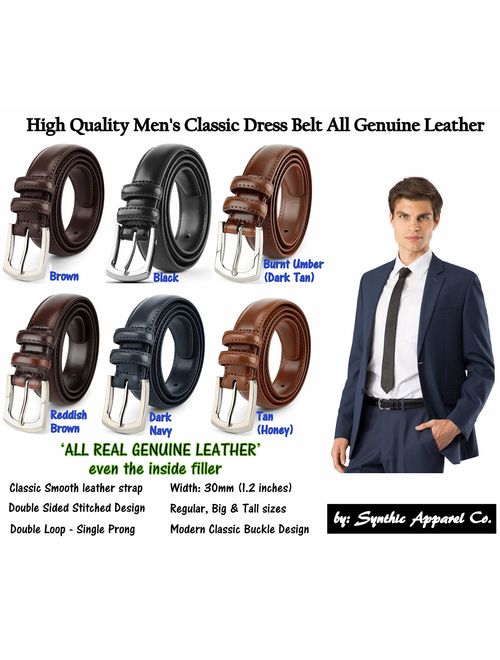 Men's Genuine Leather Dress Belt Classic Stitched Design 30mm 'ALL LEATHER' Regular Big and Tall Sizes