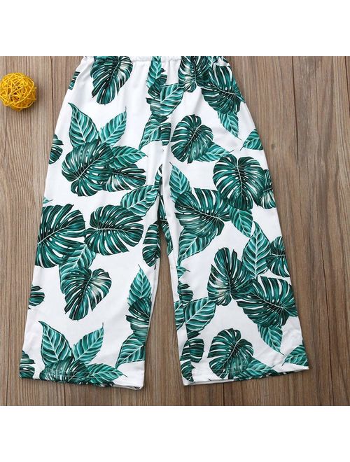 Fashion Toddler Little Girls Off-Shoulder Ruffle Palm Leaf Jumpsuit Romper Wide Leg Overalls Outfit Clothes