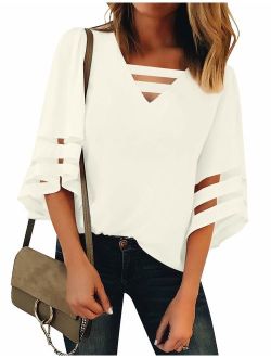 LookbookStore Women's Casual V Neck Mesh Panel Blouse Tops 3/4 Bell Sleeve Shirt