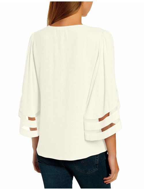 LookbookStore Women's Casual V Neck Mesh Panel Blouse Tops 3/4 Bell Sleeve Shirt
