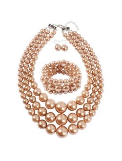 KOSMOS-LI Large Pearl Jewelry Set Pearl Statement 18" Necklace Bracelet and Earrings