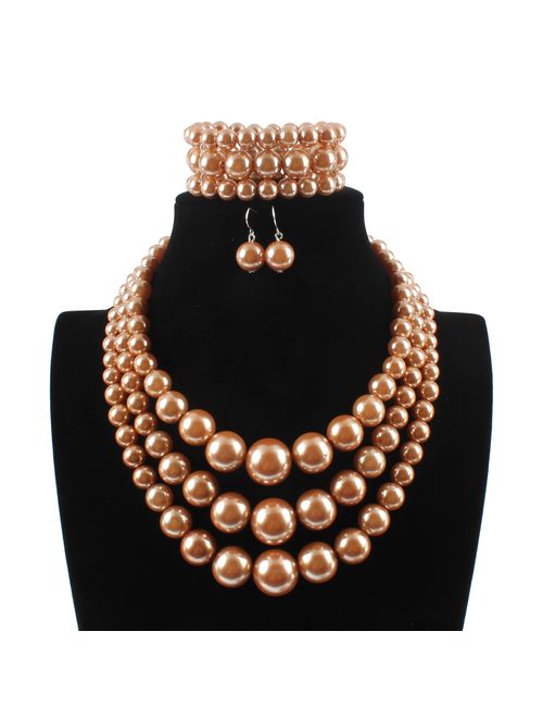 KOSMOS-LI Large Pearl Jewelry Set Pearl Statement 18" Necklace Bracelet and Earrings