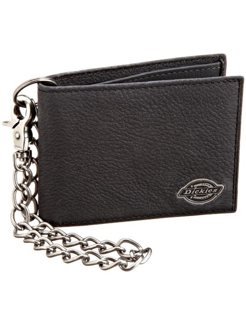 Dickies Men's Bifold Chain Wallet-High Security with ID Window and Credit Card Pockets, Pebbled Black, One Size