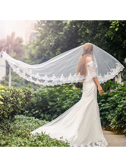 Aukmla Wedding Bridal Veils Beautiful Long Veil with Lace and Metal Comb at the Edge Cathedral Length