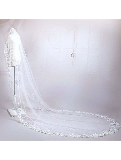 Aukmla Wedding Bridal Veils Beautiful Long Veil with Lace and Metal Comb at the Edge Cathedral Length