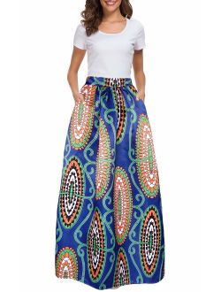 Afibi Women African Printed Casual Maxi Skirt Flared Skirt Multisize A Line Skirt S-5XL