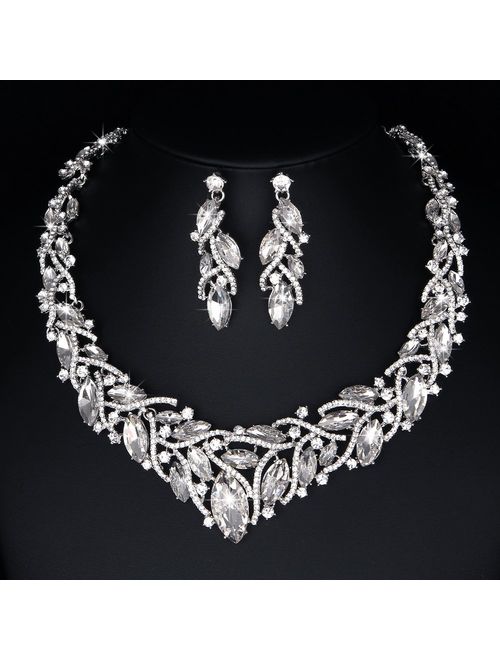 Youfir Women's Elegant Austrian Crystal Necklace and Earrings Jewelry Set for Wedding Dress