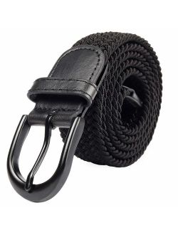 Braided Stretch Elastic Belts | Pin Oval Solid Black Belt Buckle | PU Loop End Tip Men/Women/Junior (7 Sizes 27 Colors