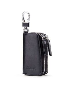 Contacts Genuine Leather Double Zipper Car Key Case Holder Wallet Key Bag