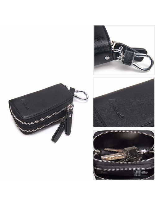 Contacts Genuine Leather Double Zipper Car Key Case Holder Wallet Key Bag