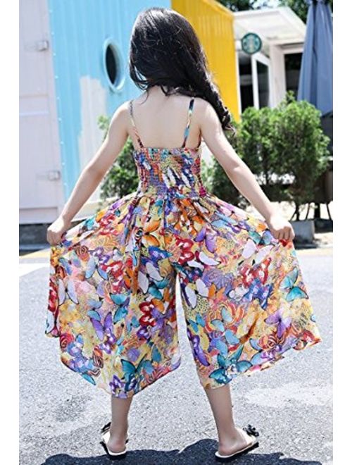 BANGELY Boho Beach Floral Print Dress Jumpsuit for Kids Girls Summer Casual Straps Wide Leg Pants Skirts Sundress