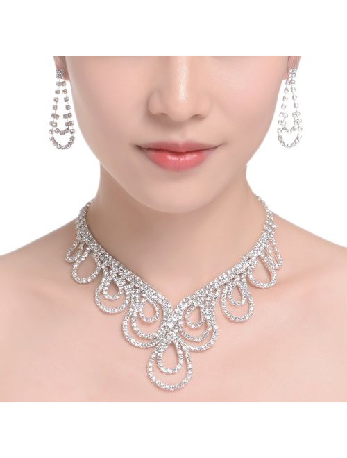 FAYBOX Sparkly Rhinestone Beaded Choker Necklace Earrings Wedding Jewelry Sets