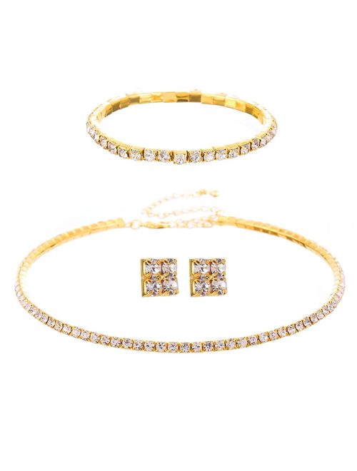 Barabum 1/2/3/4/5 Row Wedding Crystal Rhinestone Bridal Necklace Earrings and Bracelet Jewelry Set