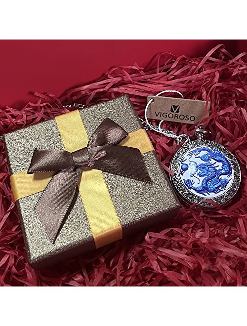 VIGOROSO Quartz Beautiful Peony Bird Enamel Painting Steampunk Silver Pocket Watches Gift Box