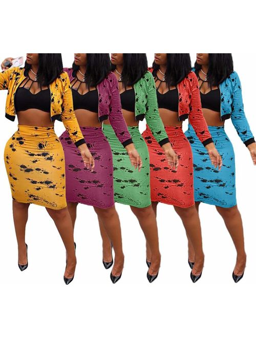 LETSVDO Women's 2 Piece Outfits Long Sleeve Blazer Coat and Bodycon Midi Skirt Set Tracksuit