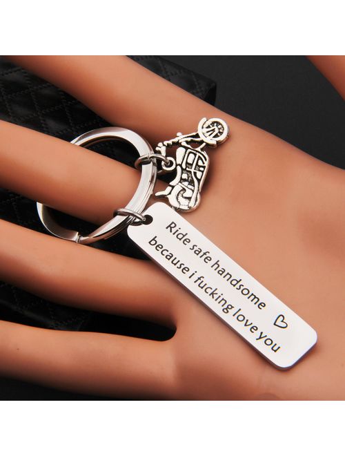 MAOFAED Biker Gift Ride Safe Keychain Ride Safe Handsome Because I Fucking Love You Motocycle Keychain Gift for Biker