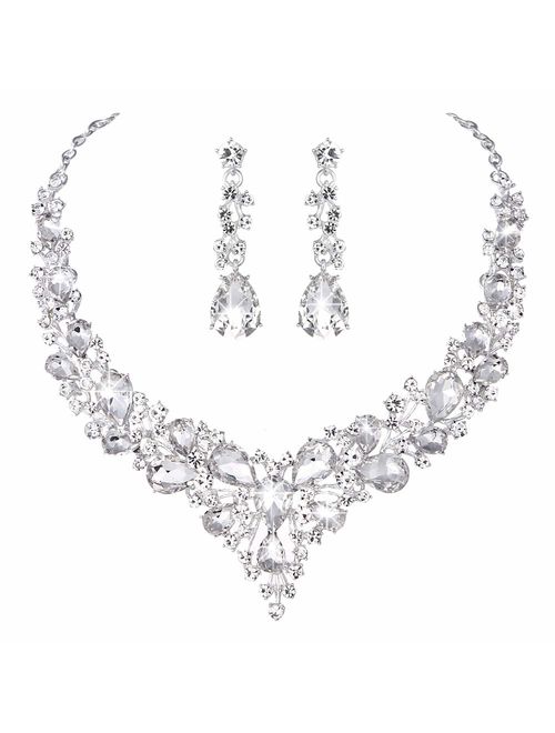 Youfir Bridal Austrian Crystal Necklace and Earrings Jewelry Set Gifts fit with Wedding Dress