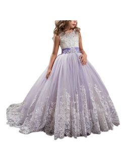 Princess Lilac Long Girls Pageant Dresses Kids Prom Puffy Tulle Ball Gown
