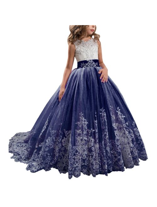 Princess Lilac Long Girls Pageant Dresses Kids Prom Puffy Tulle Ball Gown 
