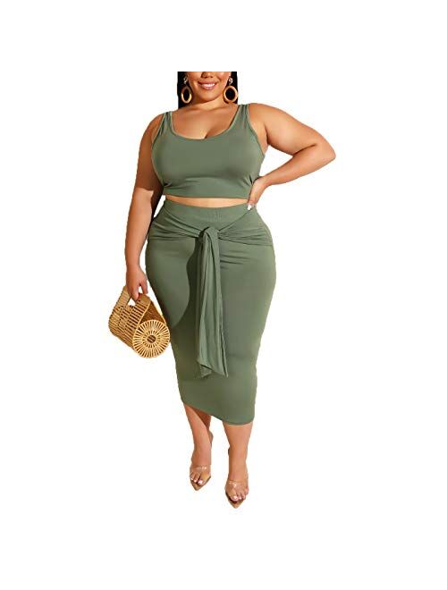 Plus Size Skirt Sets - Stretchy Sexy Two Piece Outfits for Women Bodycon Crop Top + Long Pencil Skirt