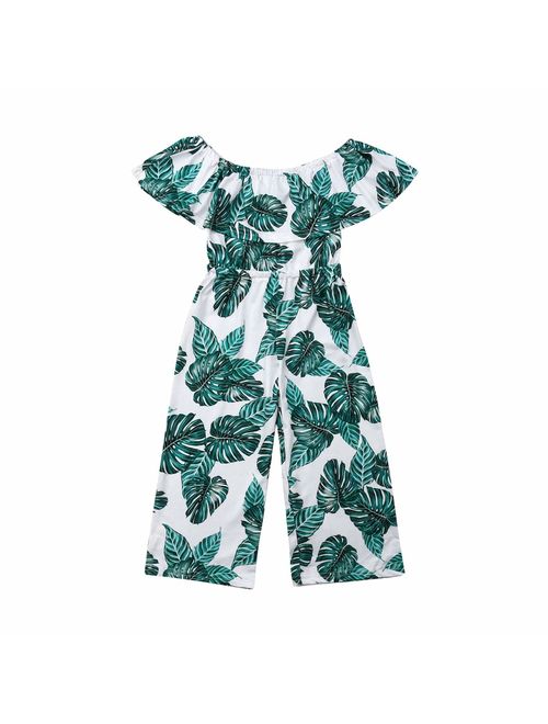 3-8T Little Girl Kids Baby Jumpsuit Outfits Off The Shoulder Ruffle Collar Banana Leaf Long Pants Romper Clothes