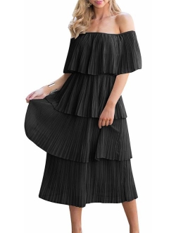 ETCYY Women's Off The Shoulder Ruffles Summer Loose Casual Chiffon Long Party Beach Maxi Dress